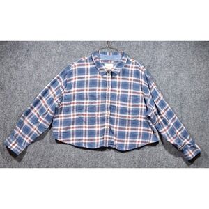American Eagle Crop Button-Up Flannel Shirt Women Sz XL Blue-Red Plaid Long Slee